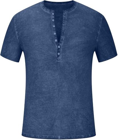 Mens Distressed Henley Shirts Fashion Retro Short Sleeve Cotton Tee Shirts Casual Button Down Washed T-Shirts in Kuwait