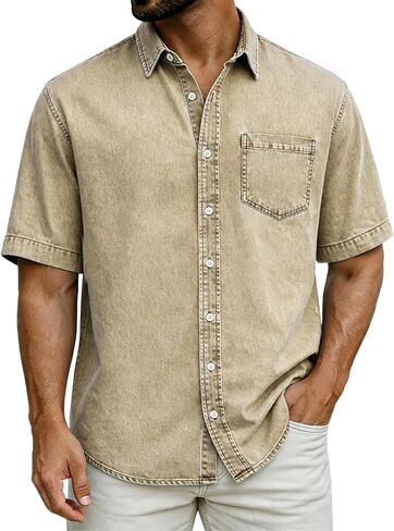Mens Button Down Shirt Short Sleeve Casual T-Shirt for Work Travel Lightweight Summer Spring Beach Vacation Top in Kuwait