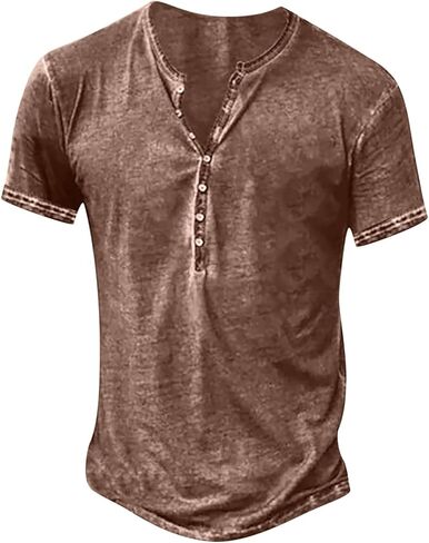Mens Distressed Henley Shirts Fashion Retro Short Sleeve Cotton Tee Shirts Casual Button Down Washed T-Shirts in Kuwait