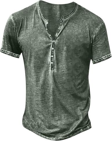 Mens Distressed Henley Shirts Fashion Retro Short Sleeve Cotton Tee Shirts Casual Button Down Washed T-Shirts in Kuwait