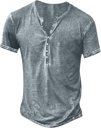 Mens Distressed Henley Shirts Fashion Retro Short Sleeve Cotton Tee Shirts Casual Button Down Washed T-Shirts in Kuwait