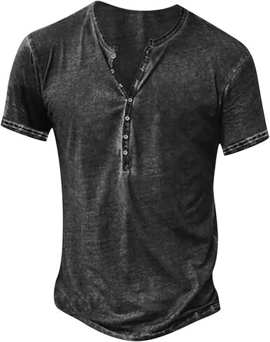 Mens Distressed Henley Shirts Fashion Retro Short Sleeve Cotton Tee Shirts Casual Button Down Washed T-Shirts in Kuwait
