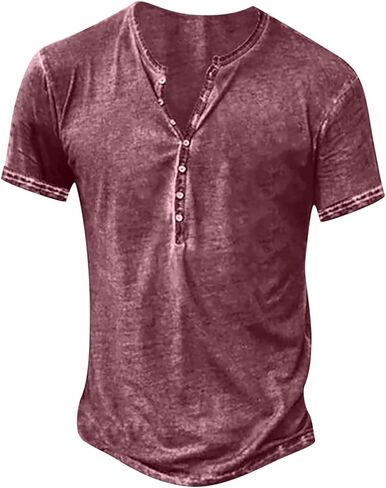 Mens Distressed Henley Shirts Fashion Retro Short Sleeve Cotton Tee Shirts Casual Button Down Washed T-Shirts in Kuwait