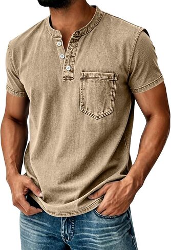 Distressed Henley Shirts for Men Summer Tops Acid Washed Oversized T Shirts Short Sleeve Stylish Vintage Plain Tees in Kuwait