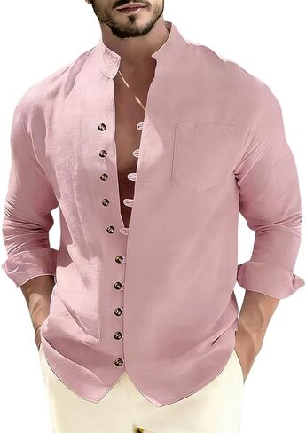 Mens Long Sleeve Shirt Button Down Loose Fit Vintage Shirts Banded Collar Cotton Linen Tops Henley Shirt with Pocket in Kuwait