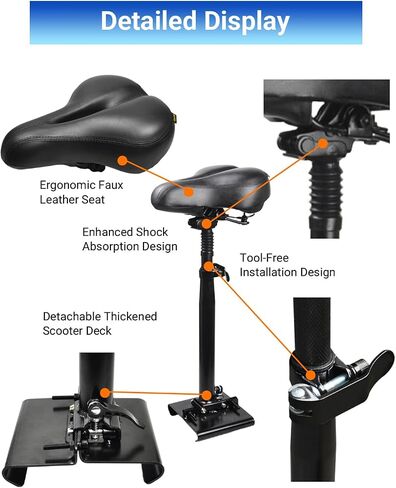 KALLAK Electric Scooter Seat Suitable Only for Curved Edge Deck from 5" - 7" Width, Shockproof, Foldable, Adjustable Height Comfortable Seat, Adult Padded Saddle, Electric Scooter Accessory in Kuwait