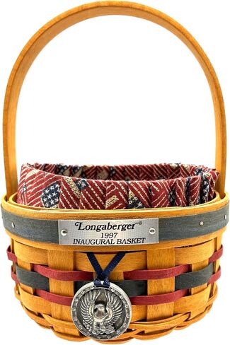 سلة Longaberger 1997 الافتتاحية، نسج أحمر وأزرق، زخرفة زرقاء، مع بطانة وواقي وربطة عنق، علامة بيوتر تذكارية in Kuwait