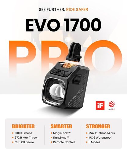 مصباح دراجة Magicshine EVO 1700 PRO، مصباح أمامي أمامي 1700 لومن مع حامل مغناطيسي MagicLock وجهاز تحكم عن بعد، قابل لإعادة الشحن عبر USB-C، وقت تشغيل 14 ساعة، مقاوم للماء IPX6، شعاع منخفض/عالي لركاب الطريق MTB in Kuwait