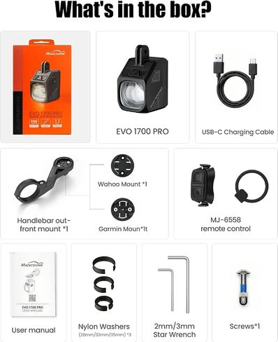مصباح دراجة Magicshine EVO 1700 PRO، مصباح أمامي أمامي 1700 لومن مع حامل مغناطيسي MagicLock وجهاز تحكم عن بعد، قابل لإعادة الشحن عبر USB-C، وقت تشغيل 14 ساعة، مقاوم للماء IPX6، شعاع منخفض/عالي لركاب الطريق MTB in Kuwait