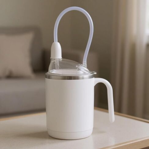 Spill-Proof 3-In-1 Nursing Cup, 15.22 Oz / 450 Ml, Stainless Steel Sippy Cup With Two Straws And Cleaning Brush, Multifunctional Cup For Adults And Elderly, White in Kuwait