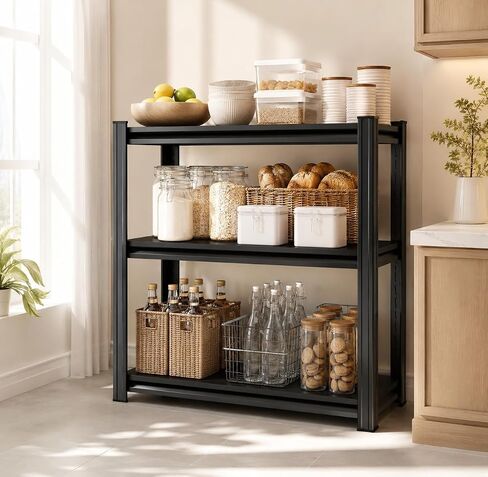 32"H x32"W Bakers Rack, 3-Tier Adjustable Kitchen Storage Rack, Highly Stable Metal Microwave Stand with Storage, 400lbs Per Tier Corner Display Shelf, Suitable for Kitchen Pantry Dinning Room, Black in Kuwait