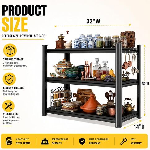32"H x32"W Bakers Rack, 3-Tier Adjustable Kitchen Storage Rack, Highly Stable Metal Microwave Stand with Storage, 400lbs Per Tier Corner Display Shelf, Suitable for Kitchen Pantry Dinning Room, Black in Kuwait