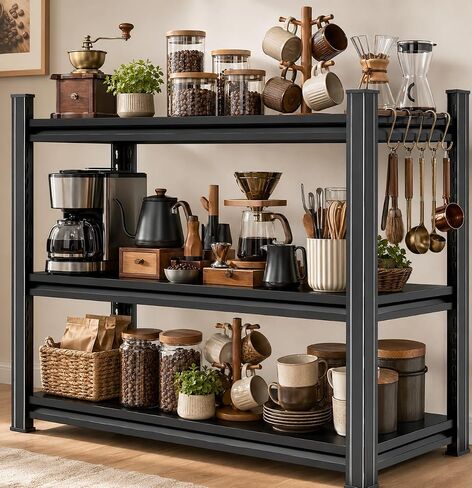 32"H x32"W Bakers Rack, 3-Tier Adjustable Kitchen Storage Rack, Highly Stable Metal Microwave Stand with Storage, 400lbs Per Tier Corner Display Shelf, Suitable for Kitchen Pantry Dinning Room, Black in Kuwait