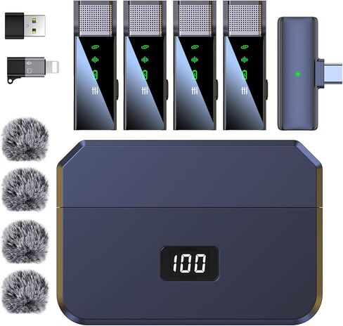 نظام ميكروفون S68 4 لاسلكي لأجهزة iPhone Android وكمبيوتر الهاتف، ميكروفون صغير مع USB C/Lightning، 48 كيلو هرتز 24 بت، بطارية 30 ساعة، تردد، إلغاء الضوضاء لتسجيل الفيديو in Kuwait