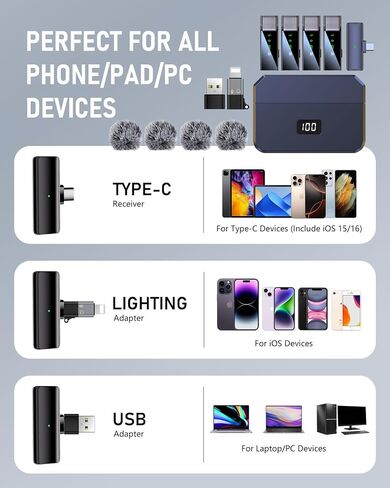 نظام ميكروفون S68 4 لاسلكي لأجهزة iPhone Android وكمبيوتر الهاتف، ميكروفون صغير مع USB C/Lightning، 48 كيلو هرتز 24 بت، بطارية 30 ساعة، تردد، إلغاء الضوضاء لتسجيل الفيديو in Kuwait