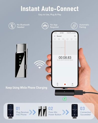 نظام ميكروفون S68 4 لاسلكي لأجهزة iPhone Android وكمبيوتر الهاتف، ميكروفون صغير مع USB C/Lightning، 48 كيلو هرتز 24 بت، بطارية 30 ساعة، تردد، إلغاء الضوضاء لتسجيل الفيديو in Kuwait