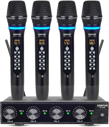 نظام ميكروفون لاسلكي قابل لإعادة الشحن 4 قنوات، ميكروفونات لاسلكية محمولة معدنية UHF ميكروفونات لاسلكية مع التحكم في قناة Echo Bluetooth VOL لكنيسة الكاريوكي الغنائية (MU-898) in Saudi Arabia