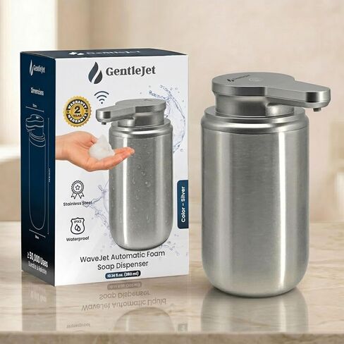 موزع صابون رغوي أوتوماتيكي من GentleJet WaveJet بدون لمس، قابل للشحن عبر USB-C، 304 من الفولاذ المقاوم للصدأ، مقاوم للماء IPX5 لحوض المطبخ في الحمام، 12 أونصة / 350 مل in Kuwait