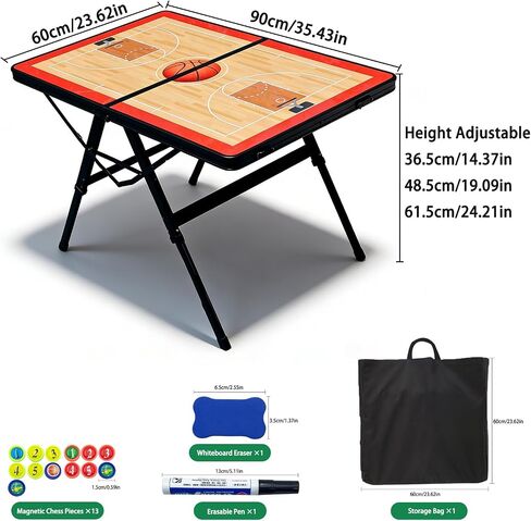 JIANNA Basketball Tactical Board Table, Adjustable Folding Coach Table, 80KG Load-Bearing Mobile Tactical Board, 90 cm Desktop, with Chess Pieces, pens, erasers, Storage Bag Included in Kuwait