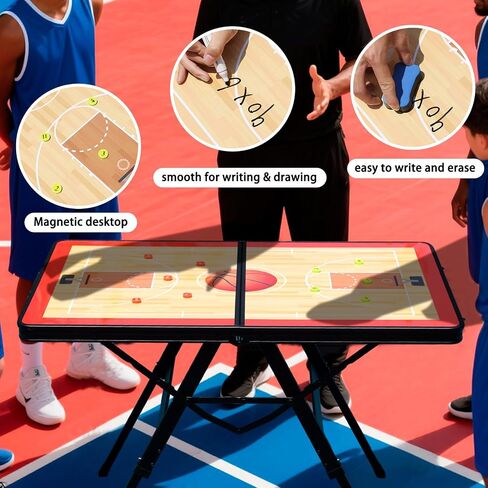 JIANNA Basketball Tactical Board Table, Adjustable Folding Coach Table, 80KG Load-Bearing Mobile Tactical Board, 90 cm Desktop, with Chess Pieces, pens, erasers, Storage Bag Included in Kuwait