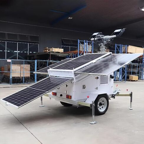 All Terrain Solar Light Tower, Dual Axle Solar Panel Mobile Lighting Tower Heavy Duty Utility Trailer with 4 Stabilizer Supports for Outdoor Events and Temporary Lighting Projects in Kuwait