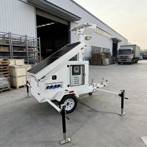 All Terrain Solar Light Tower, Dual Axle Solar Panel Mobile Lighting Tower Heavy Duty Utility Trailer with 4 Stabilizer Supports for Outdoor Events and Temporary Lighting Projects in Kuwait