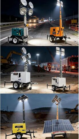 All Terrain Solar Light Tower, Dual Axle Solar Panel Mobile Lighting Tower Heavy Duty Utility Trailer with 4 Stabilizer Supports for Outdoor Events and Temporary Lighting Projects in Kuwait
