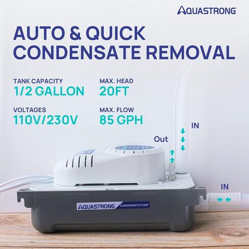مضخة مكثفة Aquastrong 1/38HP HAVC مع أنبوب، 85 جالون، 115 فولت/230 فولت، مفتاح أمان تلقائي، إزالة مكثفات التيار المتردد لمكيف الهواء، الفرن، مزيل الرطوبة، سلك طاقة 3.3 بوصة in Kuwait