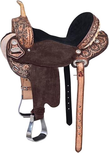 HILASON Western Horse Barrel Flex Tree Trail American Leather Saddle Antique Brown Gorgeous Floral Hand Tooled & Carved in Kuwait