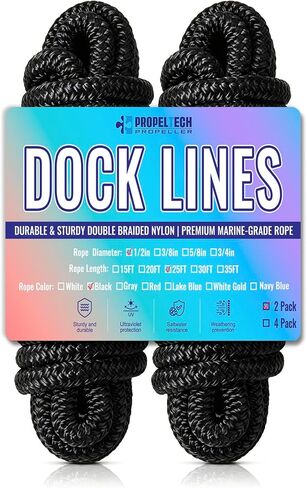 2 Pack 3/4" x 25' Boat Dock Lines,Improved Double Braided Nylon Boat Ropes for Docking with 15" Loop,Hurricane-Resistant Grade Marine Rope for Sailboats,Pontoons,Fishing Boats,Black in Kuwait