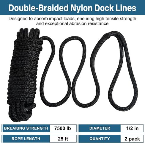 2 Pack 3/4" x 25' Boat Dock Lines,Improved Double Braided Nylon Boat Ropes for Docking with 15" Loop,Hurricane-Resistant Grade Marine Rope for Sailboats,Pontoons,Fishing Boats,Black in Kuwait
