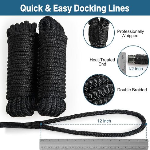 2 Pack 3/4" x 25' Boat Dock Lines,Improved Double Braided Nylon Boat Ropes for Docking with 15" Loop,Hurricane-Resistant Grade Marine Rope for Sailboats,Pontoons,Fishing Boats,Black in Kuwait