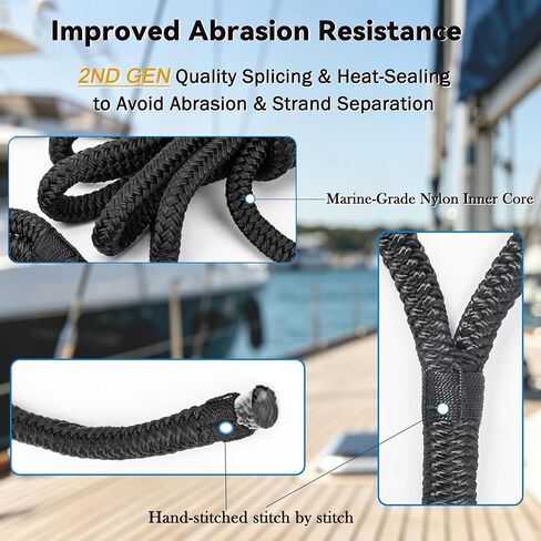 2 Pack 3/4" x 25' Boat Dock Lines,Improved Double Braided Nylon Boat Ropes for Docking with 15" Loop,Hurricane-Resistant Grade Marine Rope for Sailboats,Pontoons,Fishing Boats,Black in Kuwait