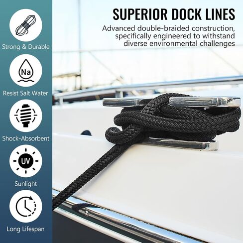 2 Pack 3/4" x 25' Boat Dock Lines,Improved Double Braided Nylon Boat Ropes for Docking with 15" Loop,Hurricane-Resistant Grade Marine Rope for Sailboats,Pontoons,Fishing Boats,Black in Kuwait