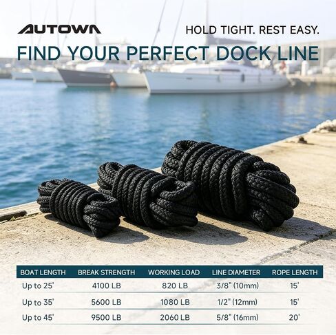 AUTOWN 4 عبوات من خطوط إرساء القوارب مقاس 3/8 بوصة × 15 بوصة، خط إرساء من النايلون المضفر المزدوج من الدرجة البحرية، حبل قارب عالي القوة للرسو مع حلقة 12 بوصة، سهولة التعامل، أسود in Kuwait