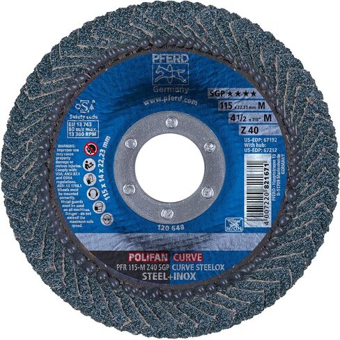 PFERD 4-1/2" x 7/8" POLIFAN CURVE Flap Disc SGP, Zirconia, 40 Grit, Medium Radius, 10-Pack in Kuwait
