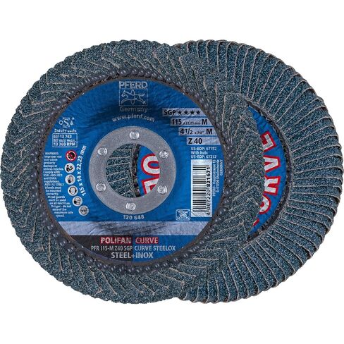 PFERD 4-1/2" x 7/8" POLIFAN CURVE Flap Disc SGP, Zirconia, 40 Grit, Medium Radius, 10-Pack in Kuwait
