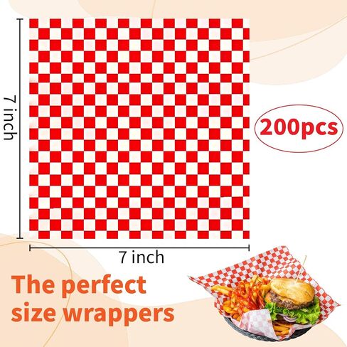 200PCS Waxed Deli Paper Sheets, 7x7" Food Basket Liners, Grease Resistant Wax Paper Sheets for Food, Checkered Sandwich Wrapping Paper for Party, Fair and Outdoors in Saudi Arabia