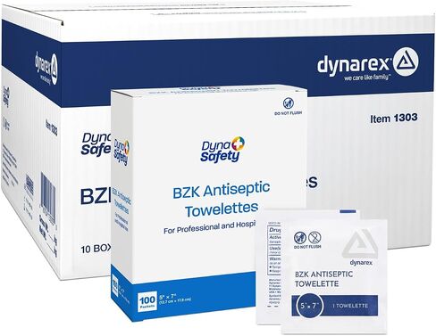 مناديل مطهرة Dynarex DynaSafety BZK - معقمة، خالية من الكحول والعطور، تنظيف لطيف، آمنة على الجروح الطفيفة - 5 بوصة × 7 بوصة - علبة مكونة من 10 صناديق، 100 لكل صندوق in Kuwait