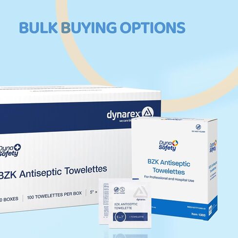 مناديل مطهرة Dynarex DynaSafety BZK - معقمة، خالية من الكحول والعطور، تنظيف لطيف، آمنة على الجروح الطفيفة - 5 بوصة × 7 بوصة - علبة مكونة من 10 صناديق، 100 لكل صندوق in Kuwait