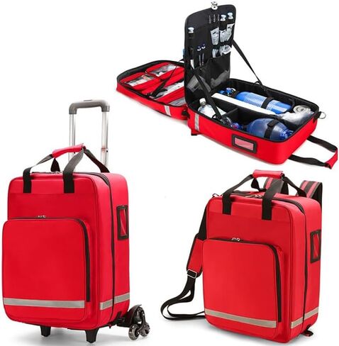 Rolling Medical Bag with Detachable Trolley, First Aid Empty Backpack, Multi-Compartment Design, Emergency Responder Trauma Bag, with Reflective Strips, for Nurses, Doctors in Kuwait