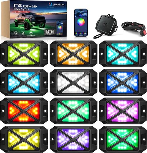 MICTUNING C4+ RGBW Rock Lights، 8 Pods 360 درجة لون نقي تحت توهج نيون متعدد الألوان، وحدة تحكم بلوتوث، IP68 مقاومة للماء، وضع الموسيقى للشاحنات والسيارات ATV UTV عربة الجولف in Kuwait