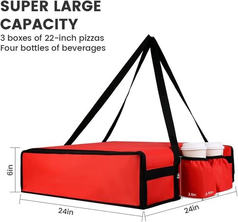 Insulated Pizza Delivery Bag with 4 Cup Holders, 24" x 6" Pizza Warmer Bag for Hot Pizza/Drinks, Pizza Carrier for Events, Large Food Delivery Carrier for Transport/Shopping/Catering, Red in Saudi Arabia