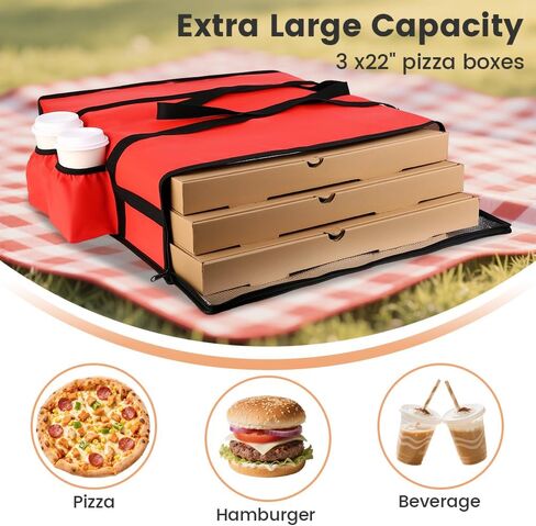 Insulated Pizza Delivery Bag with 4 Cup Holders, 24" x 6" Pizza Warmer Bag for Hot Pizza/Drinks, Pizza Carrier for Events, Large Food Delivery Carrier for Transport/Shopping/Catering, Red in Saudi Arabia
