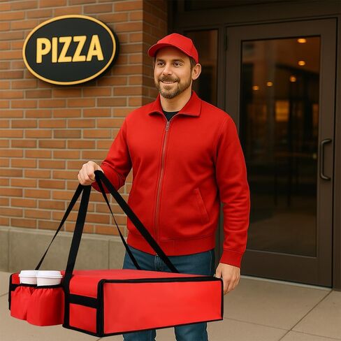 Insulated Pizza Delivery Bag with 4 Cup Holders, 24" x 6" Pizza Warmer Bag for Hot Pizza/Drinks, Pizza Carrier for Events, Large Food Delivery Carrier for Transport/Shopping/Catering, Red in Saudi Arabia