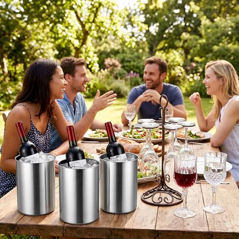 3 Pcs Wine Ice Bucket, 750 ML Stainless Steel Champagne Ice Bucket Wine Cooler Buckets Keeps Cold for Hours Fits Most Standard Sized Bottles (Silver) in Saudi Arabia