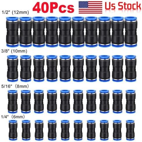 40-Piece PU Push-to-Connect Air Line Fittings: 1/4" (4mm), 5/16" (6mm), 3/8" (8mm), 1/2" (10mm) Straight Connectors for Pneumatic Systems in Kuwait