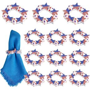 Patriotic Star Napkin Rings Set of 12, Red White Blue 4th of July Napkin Rings, American Star Wooden Bead Napkin Holders with Elastic Buckles for Independence Day, Memorial Day, Party Table Decor in Saudi Arabia