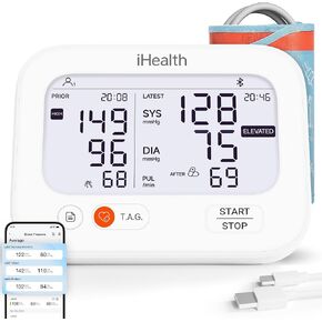 جهاز قياس ضغط الدم الذكي من iHealth Jurni للاستخدام المنزلي، قابل لإعادة الشحن وشاشة مزدوجة عالية التباين لقياس ضغط الدم في الذراع العلوي لمستخدمين، تم التحقق من صحته سريريًا، وممكن التطبيق لنظامي iOS وAndroid in Kuwait