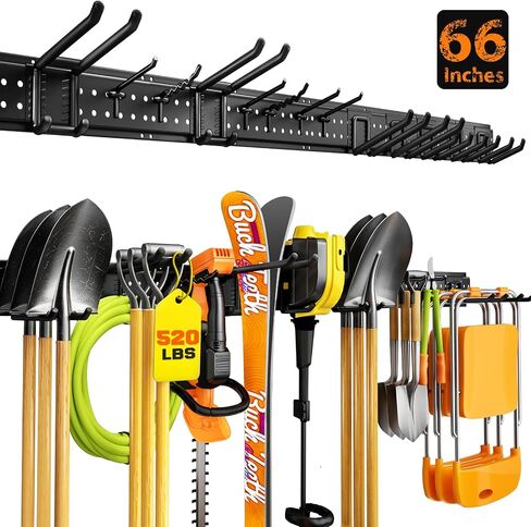 Garage Tool Organizer Wall Mount 66 inches with 13 Adjustable Heavy-Duty Hooks, Garage Organization, Garden Tool Storage Rack for Garage, Yard, and Shed, Holds Up to 520 lbs in Kuwait